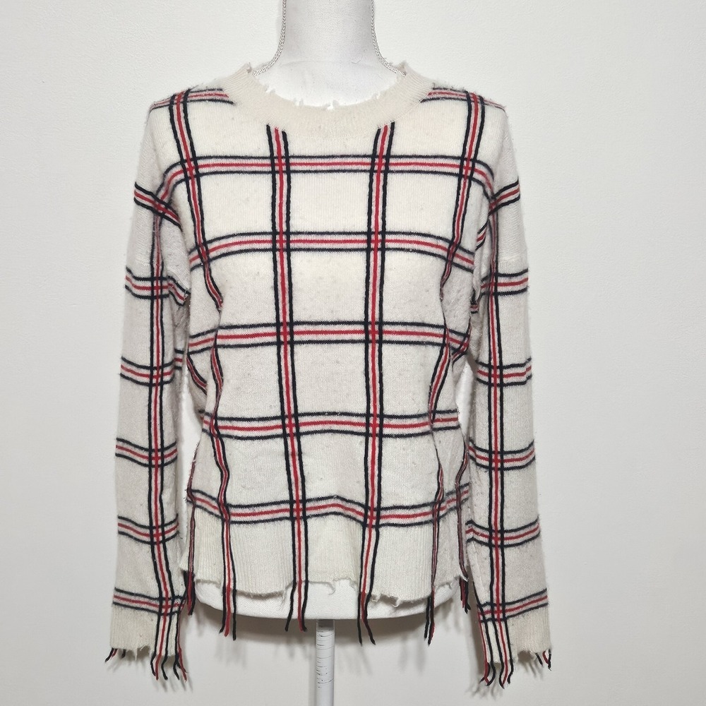 Aqua Cashmere Sz‎ S Distressed Plaid Cashmere Sweater Cream Red Blue Windowpane